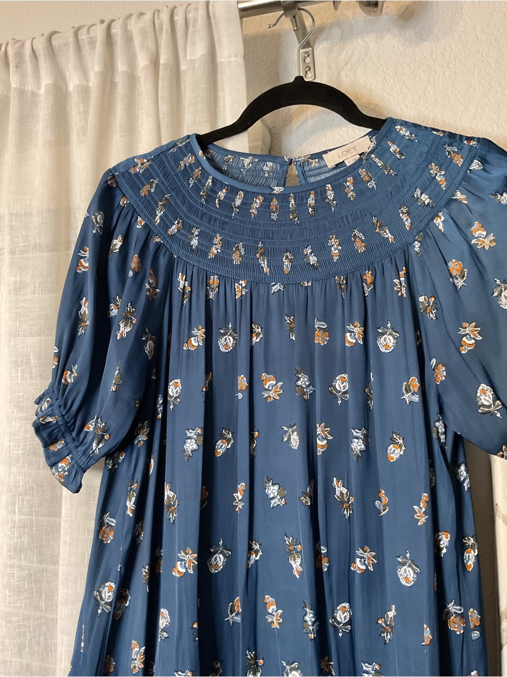 LOFT Navy Blue Floral Smocked Yoke Tunic